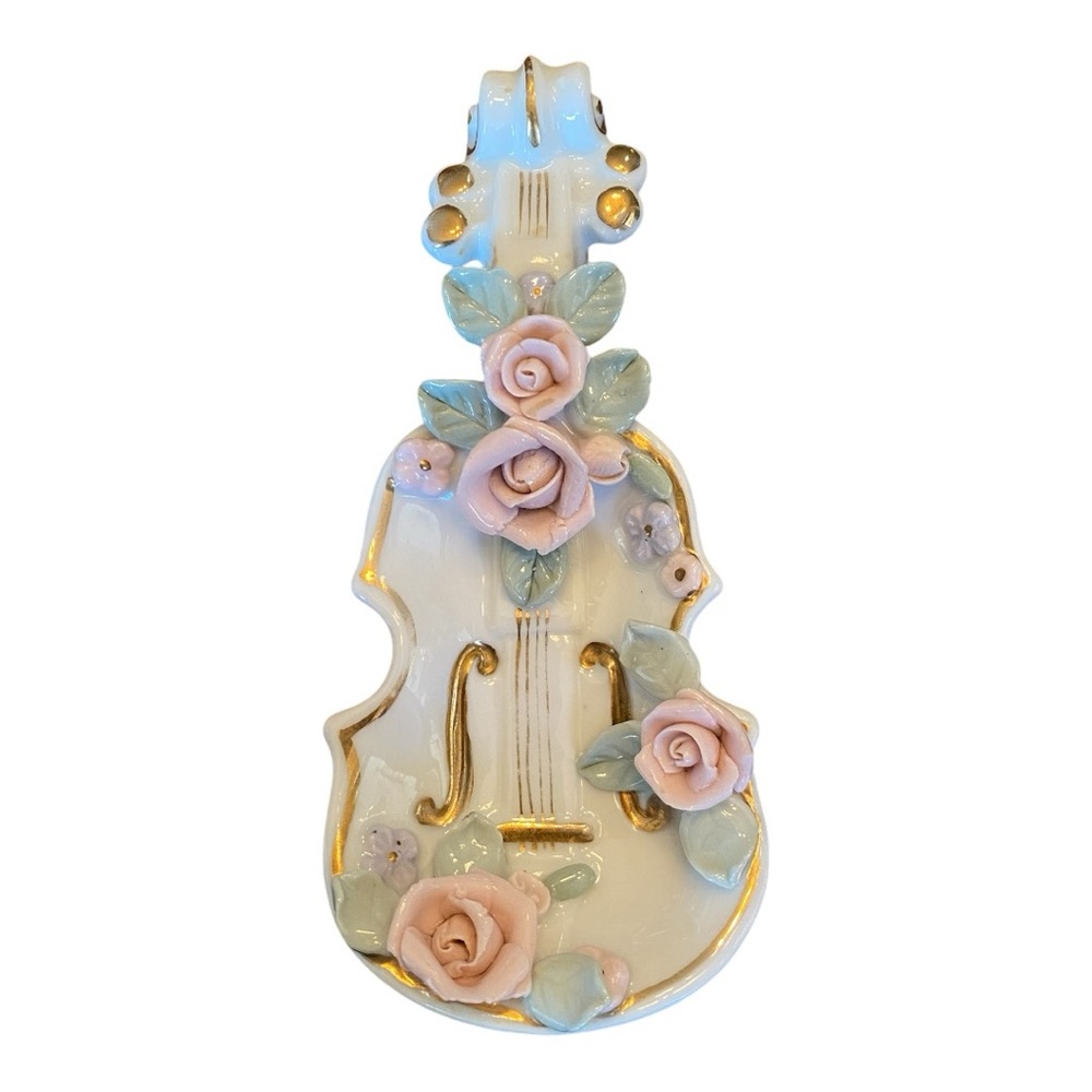 Vintage Lefton China Porcelain Violin Wall Pocket & Trinket Dish